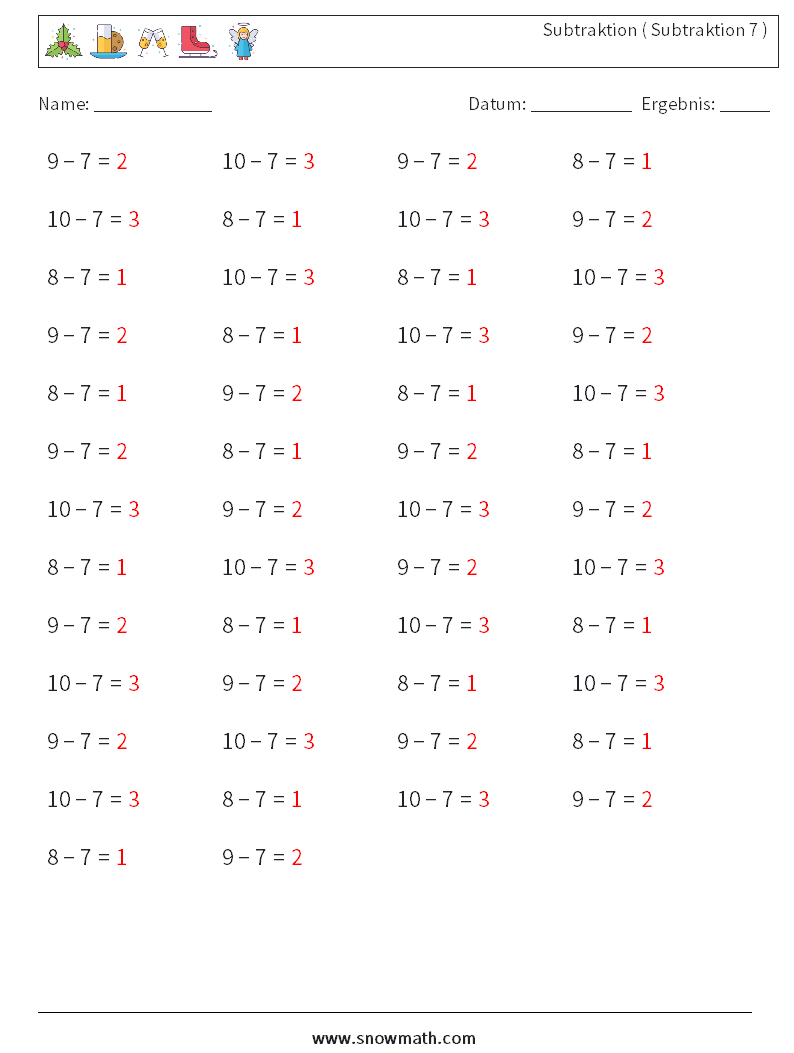 (50) Subtraktion ( Subtraktion 7 ) Mathe-Arbeitsblätter 3 Frage, Antwort