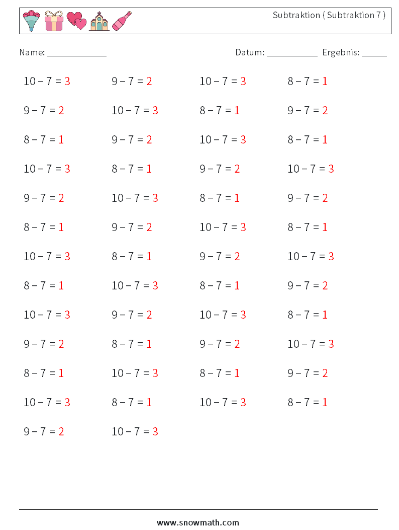 (50) Subtraktion ( Subtraktion 7 ) Mathe-Arbeitsblätter 4 Frage, Antwort