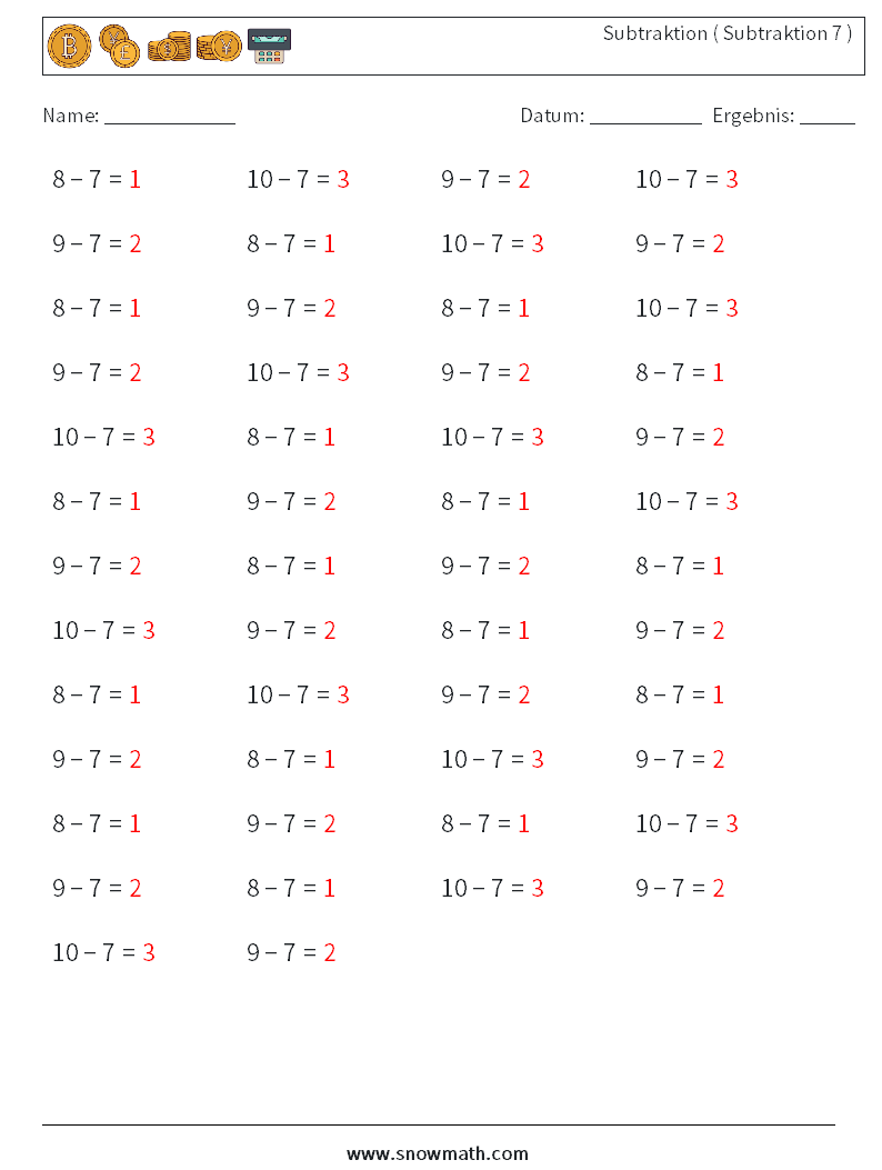 (50) Subtraktion ( Subtraktion 7 ) Mathe-Arbeitsblätter 5 Frage, Antwort