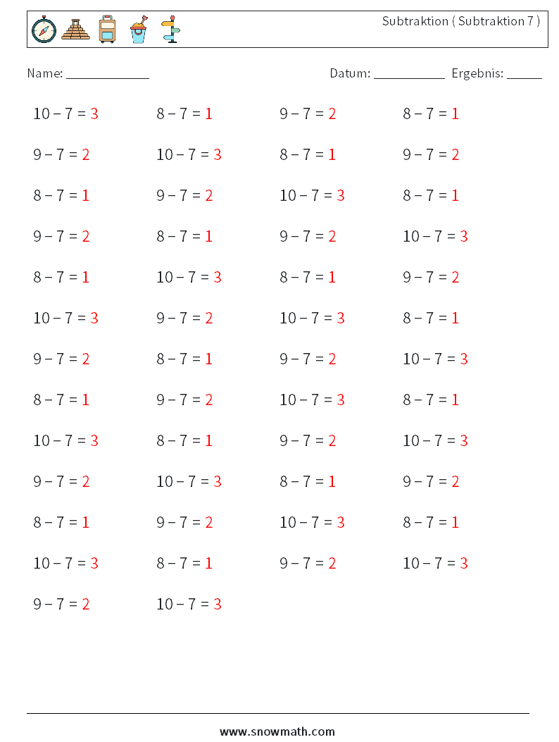 (50) Subtraktion ( Subtraktion 7 ) Mathe-Arbeitsblätter 6 Frage, Antwort