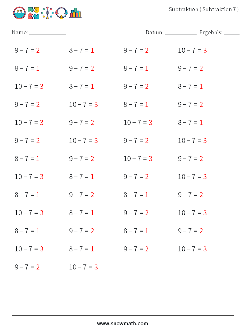 (50) Subtraktion ( Subtraktion 7 ) Mathe-Arbeitsblätter 7 Frage, Antwort