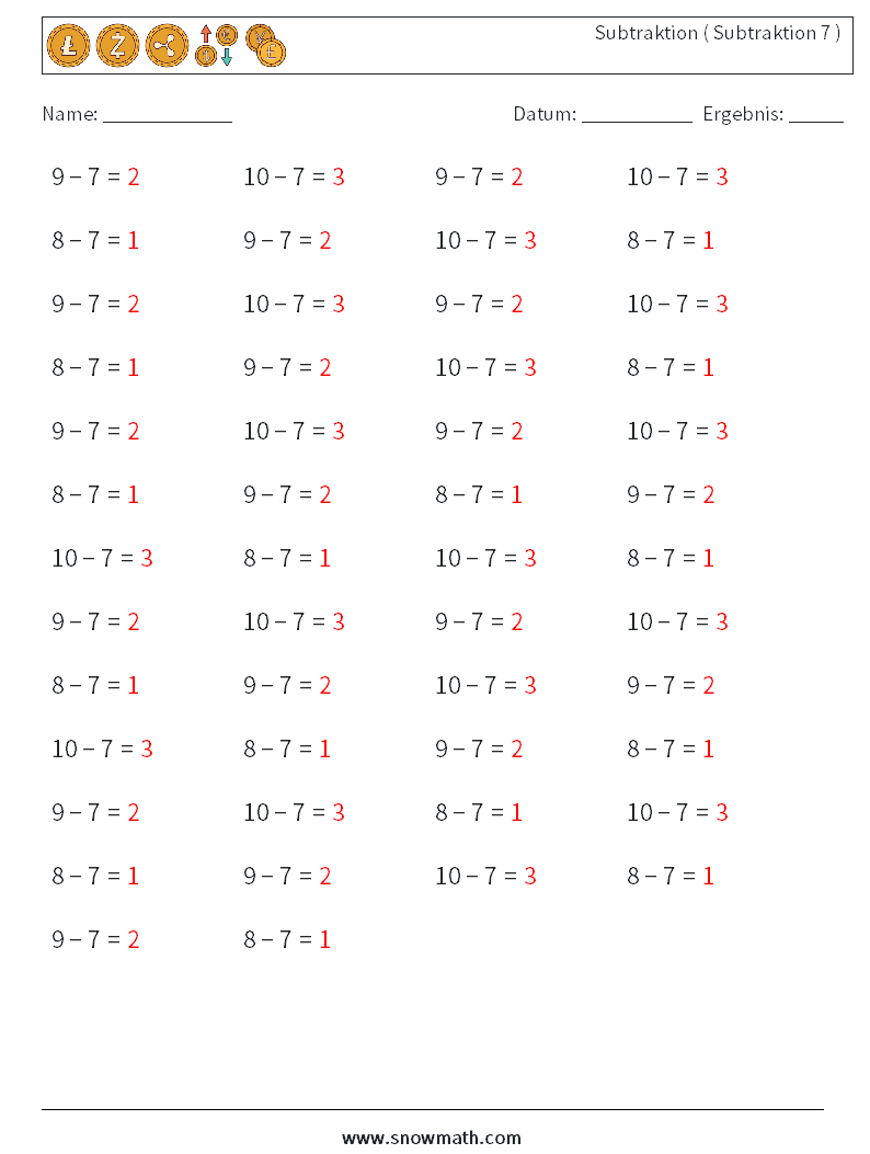 (50) Subtraktion ( Subtraktion 7 ) Mathe-Arbeitsblätter 8 Frage, Antwort