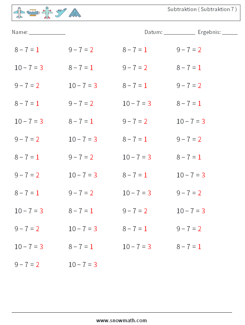 (50) Subtraktion ( Subtraktion 7 ) Mathe-Arbeitsblätter 9 Frage, Antwort