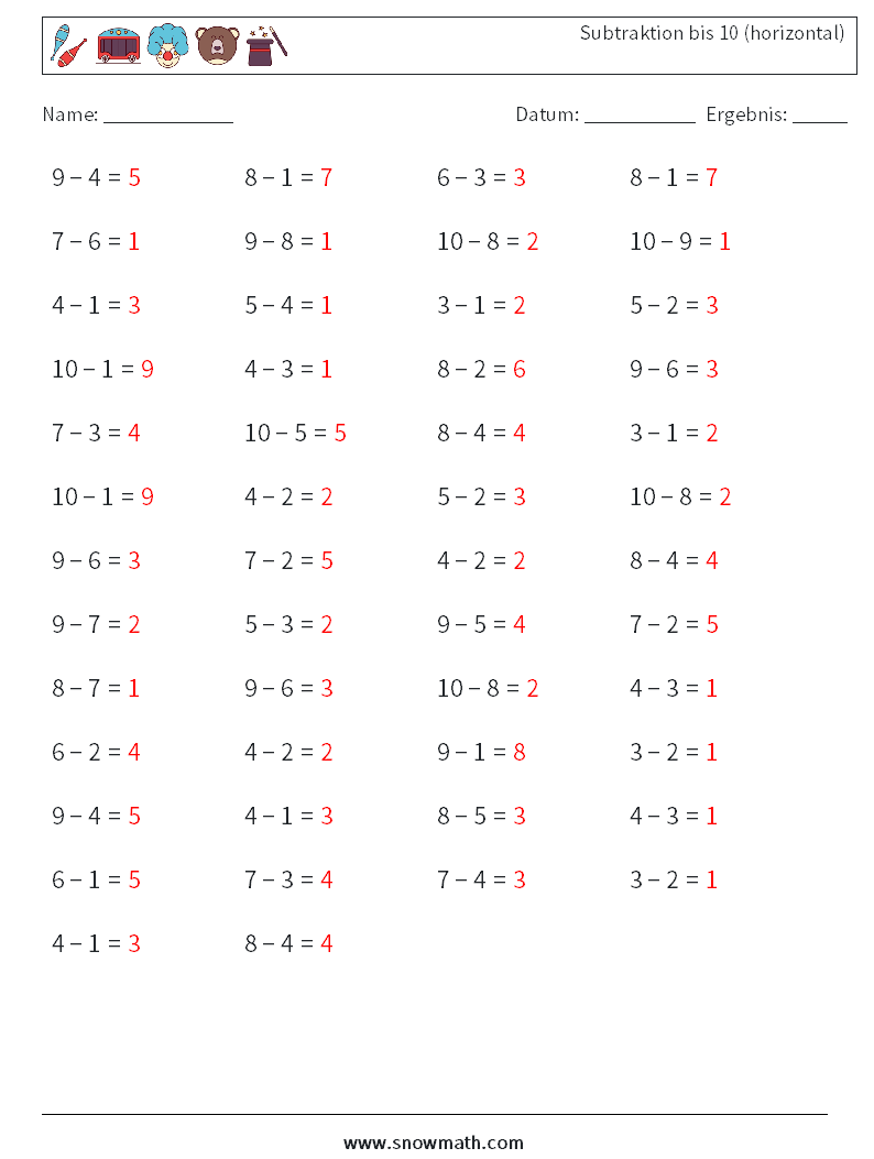 (50) Subtraktion bis 10 (horizontal) Mathe-Arbeitsblätter 1 Frage, Antwort