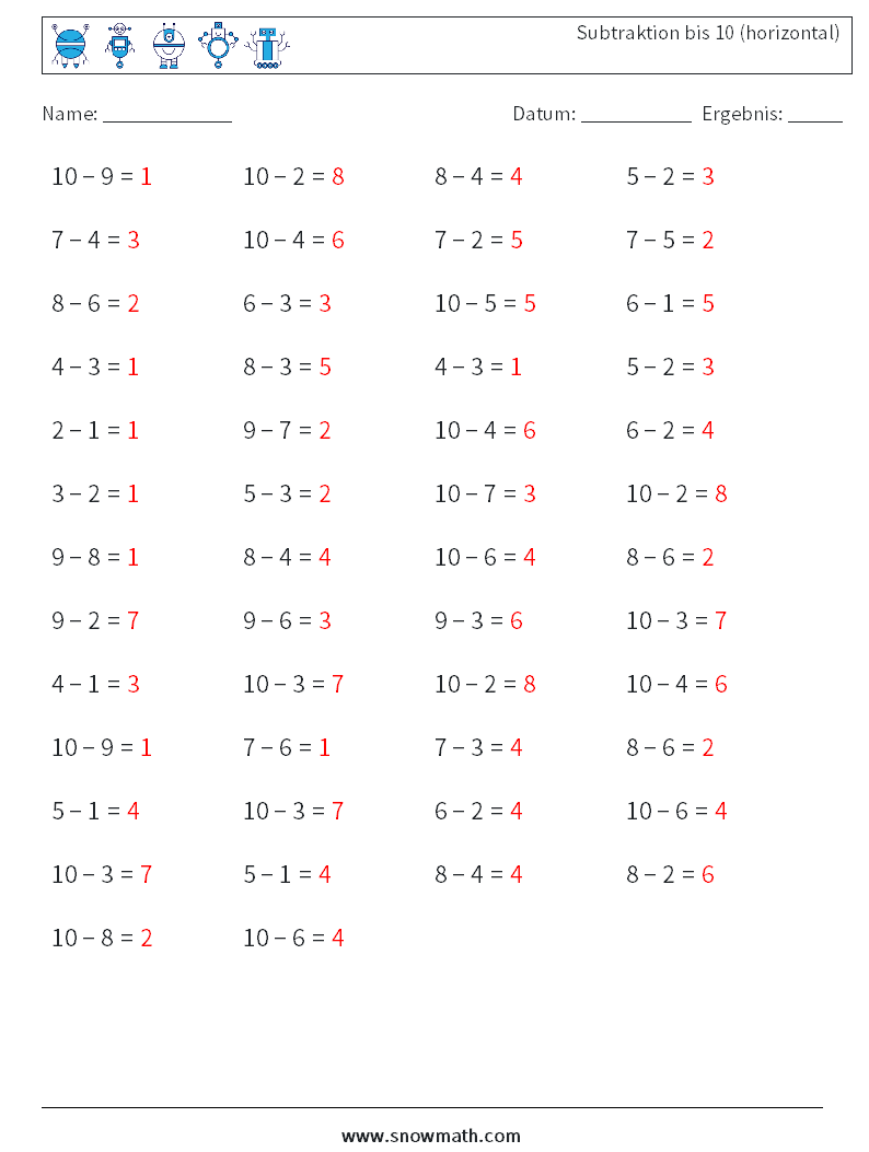 (50) Subtraktion bis 10 (horizontal) Mathe-Arbeitsblätter 2 Frage, Antwort