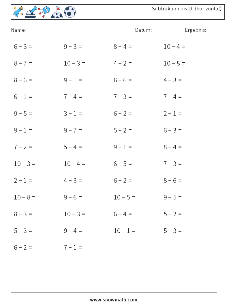 (50) Subtraktion bis 10 (horizontal) Mathe-Arbeitsblätter 5