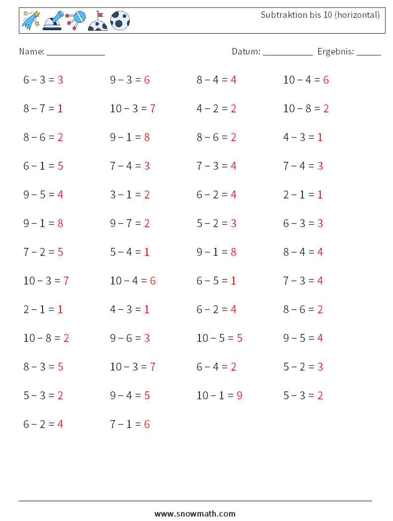(50) Subtraktion bis 10 (horizontal) Mathe-Arbeitsblätter 5 Frage, Antwort