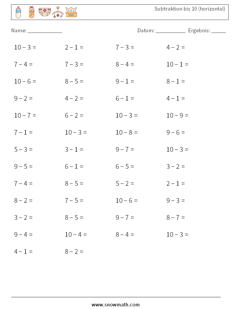 (50) Subtraktion bis 10 (horizontal) Mathe-Arbeitsblätter 6