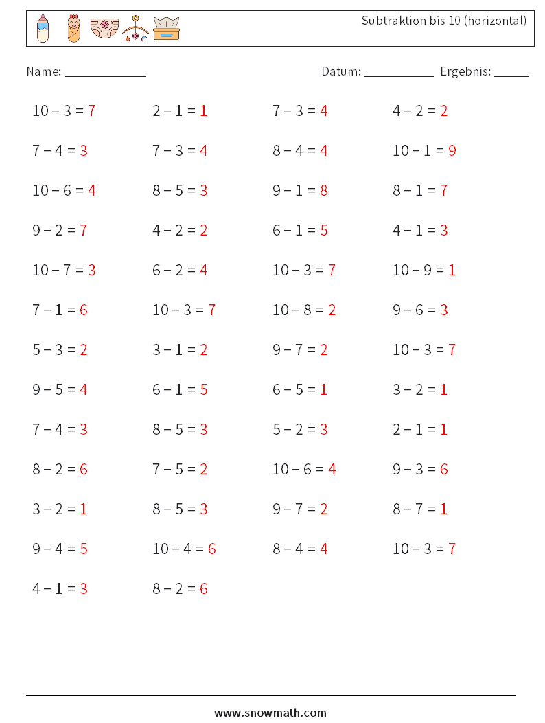 (50) Subtraktion bis 10 (horizontal) Mathe-Arbeitsblätter 6 Frage, Antwort