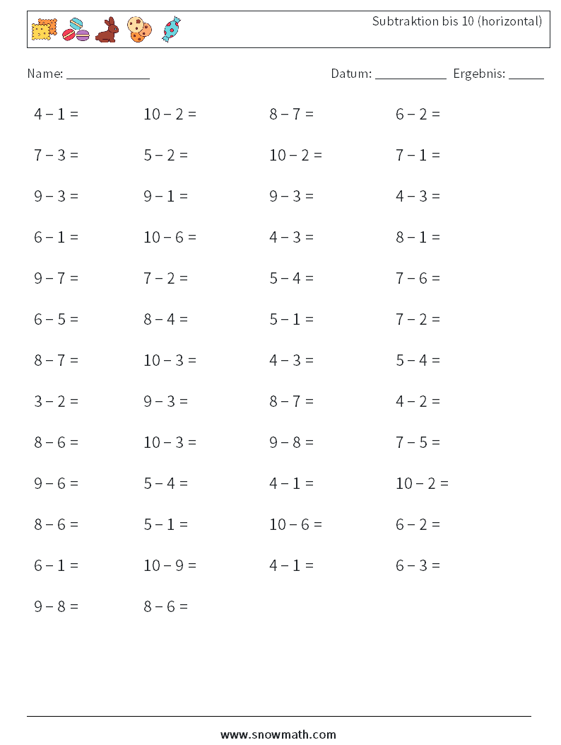 (50) Subtraktion bis 10 (horizontal) Mathe-Arbeitsblätter 7