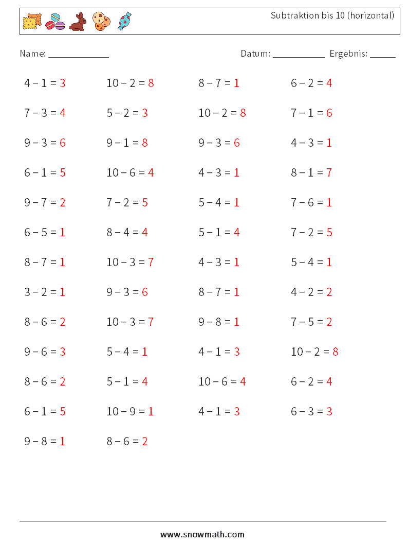 (50) Subtraktion bis 10 (horizontal) Mathe-Arbeitsblätter 7 Frage, Antwort