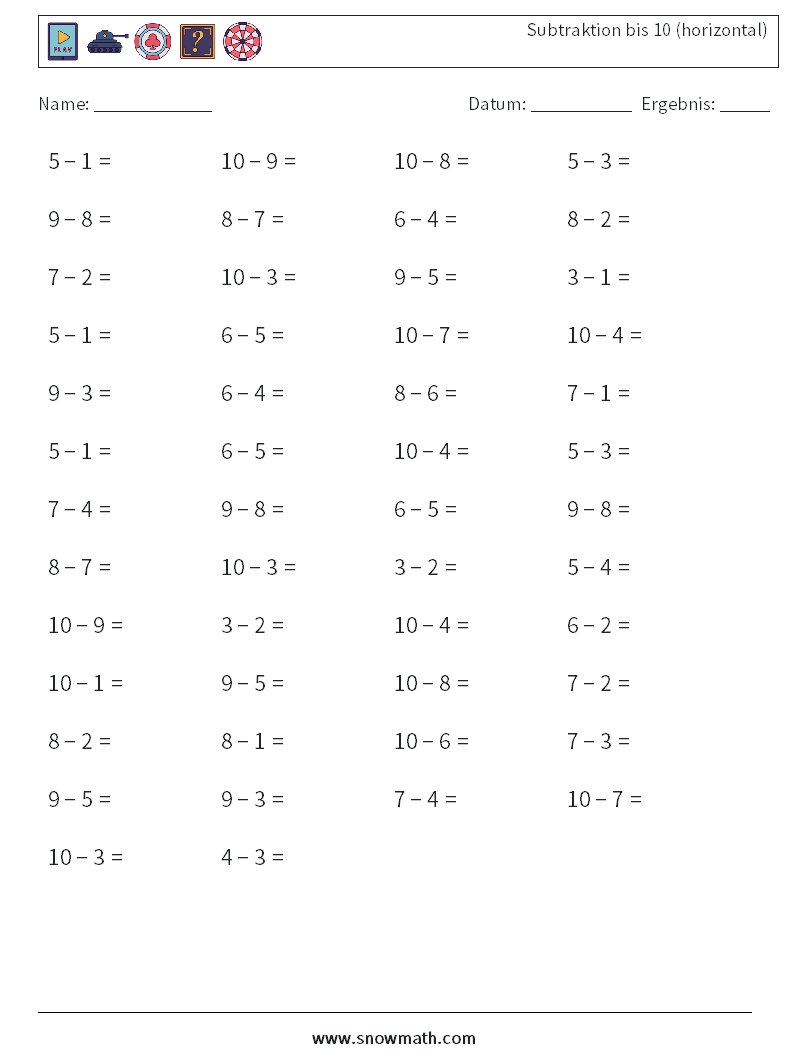(50) Subtraktion bis 10 (horizontal) Mathe-Arbeitsblätter 9