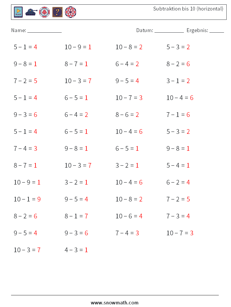 (50) Subtraktion bis 10 (horizontal) Mathe-Arbeitsblätter 9 Frage, Antwort