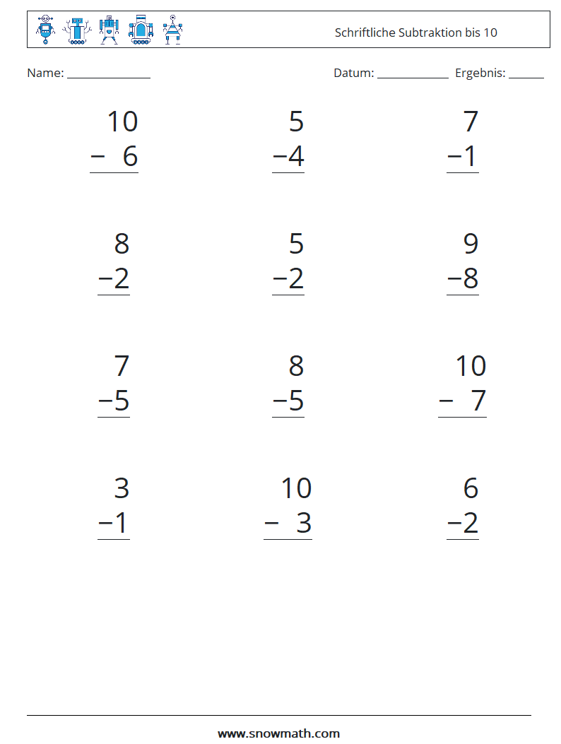 (12) Schriftliche Subtraktion bis 10 Mathe-Arbeitsblätter 2