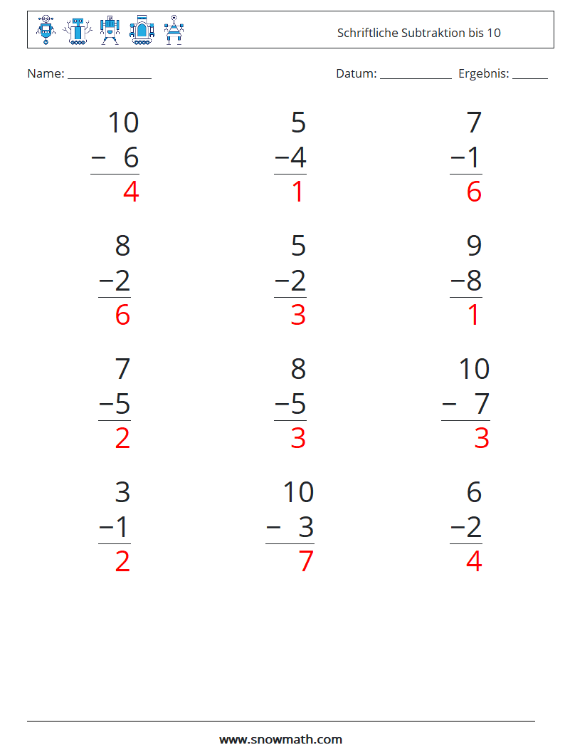 (12) Schriftliche Subtraktion bis 10 Mathe-Arbeitsblätter 2 Frage, Antwort