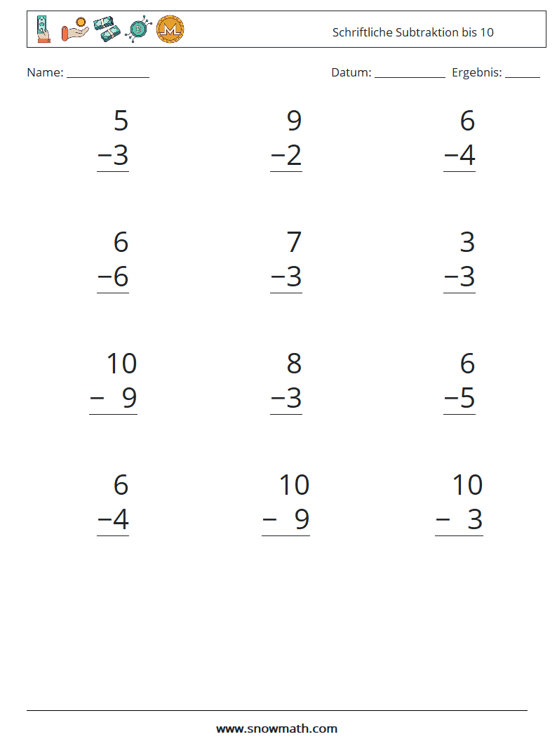 (12) Schriftliche Subtraktion bis 10 Mathe-Arbeitsblätter 3