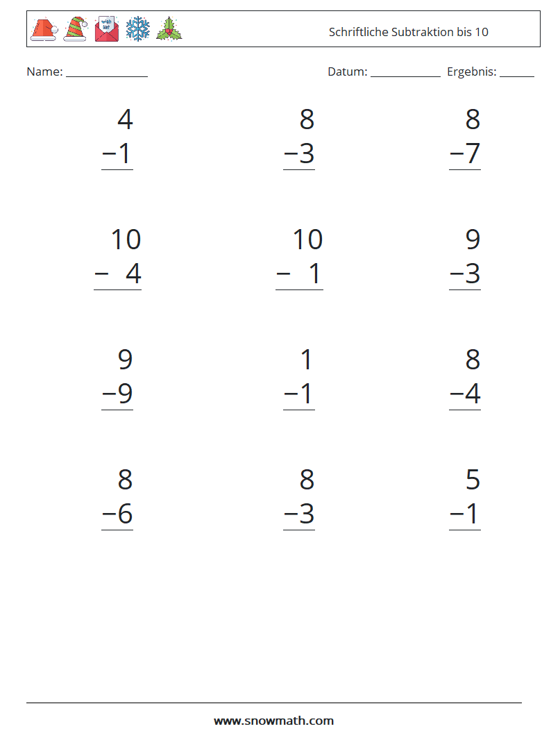 (12) Schriftliche Subtraktion bis 10 Mathe-Arbeitsblätter 4