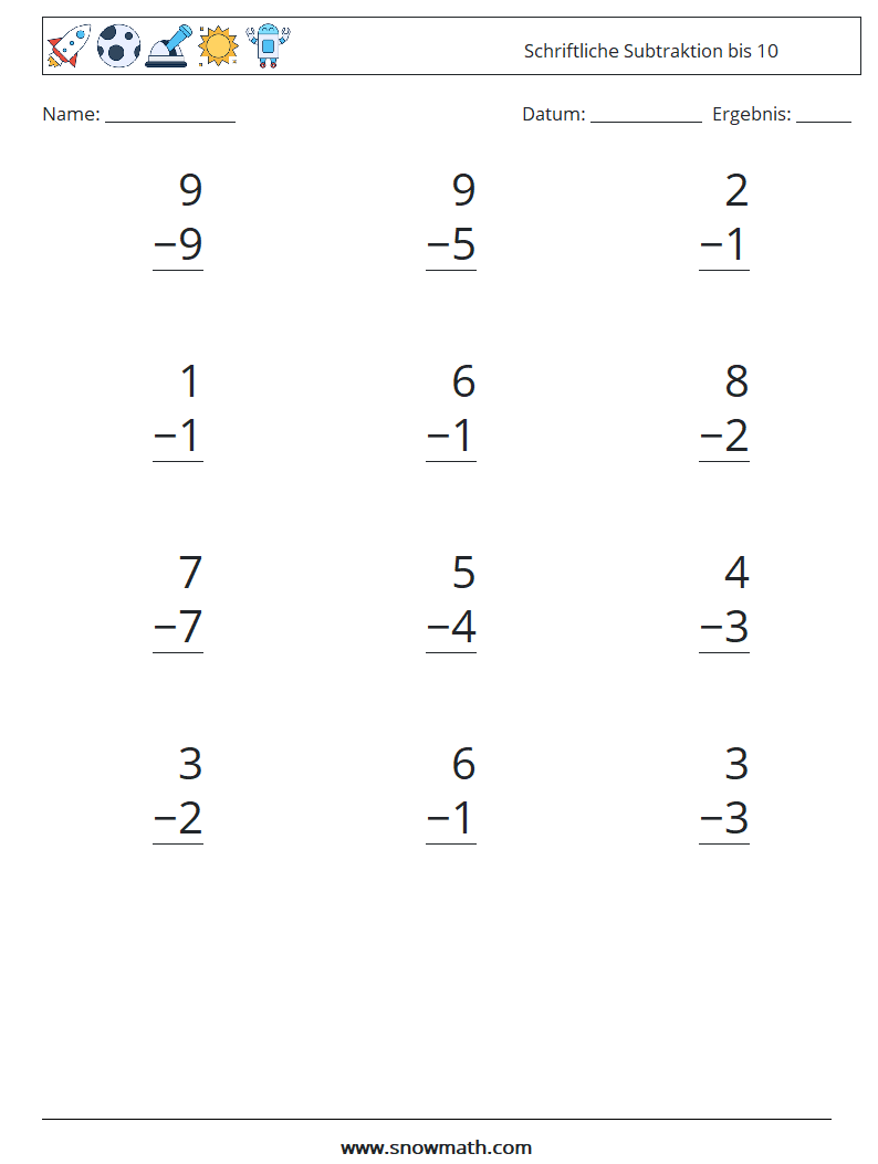 (12) Schriftliche Subtraktion bis 10 Mathe-Arbeitsblätter 5