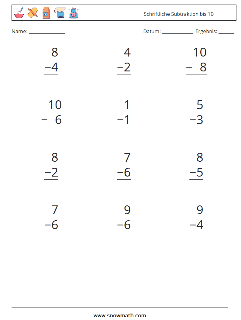 (12) Schriftliche Subtraktion bis 10 Mathe-Arbeitsblätter 7