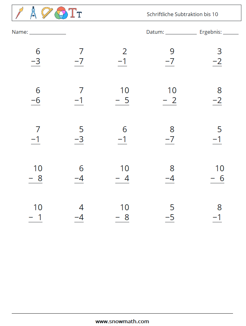 (25) Schriftliche Subtraktion bis 10 Mathe-Arbeitsblätter 3