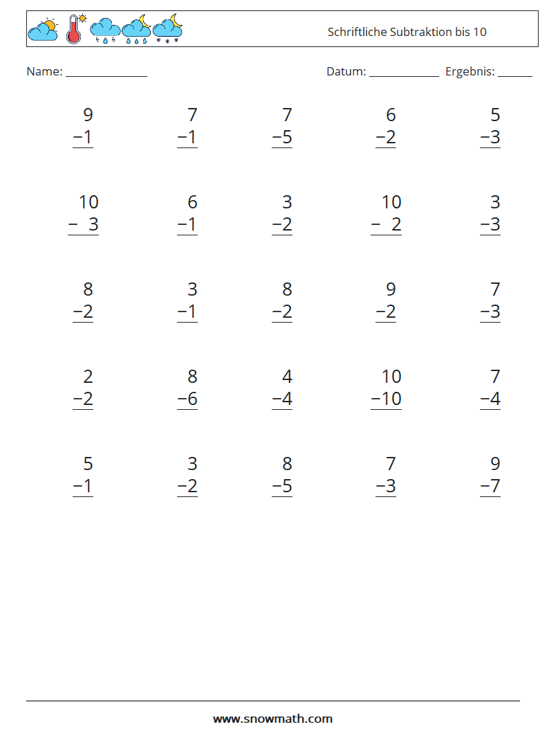 (25) Schriftliche Subtraktion bis 10 Mathe-Arbeitsblätter 8
