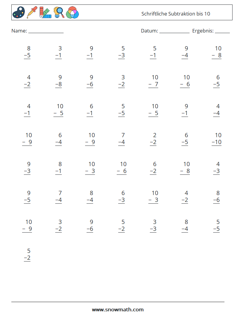 (50) Schriftliche Subtraktion bis 10 Mathe-Arbeitsblätter 2