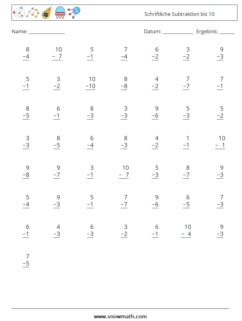 (50) Schriftliche Subtraktion bis 10 Mathe-Arbeitsblätter 4