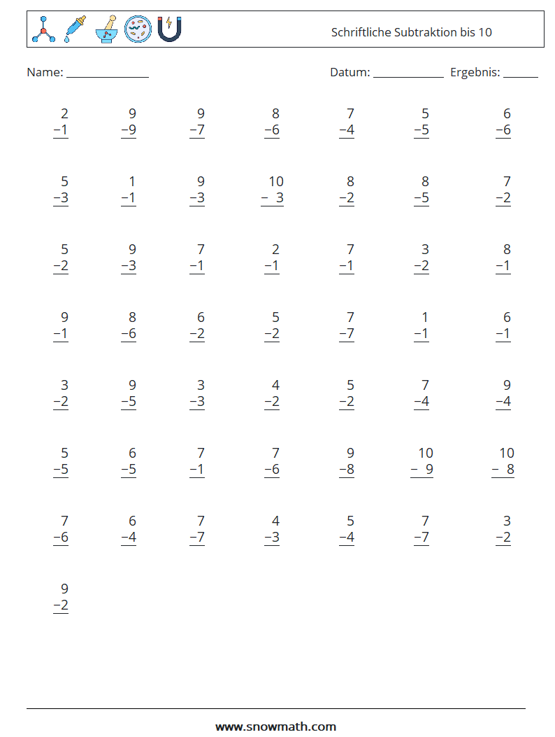 (50) Schriftliche Subtraktion bis 10 Mathe-Arbeitsblätter 5