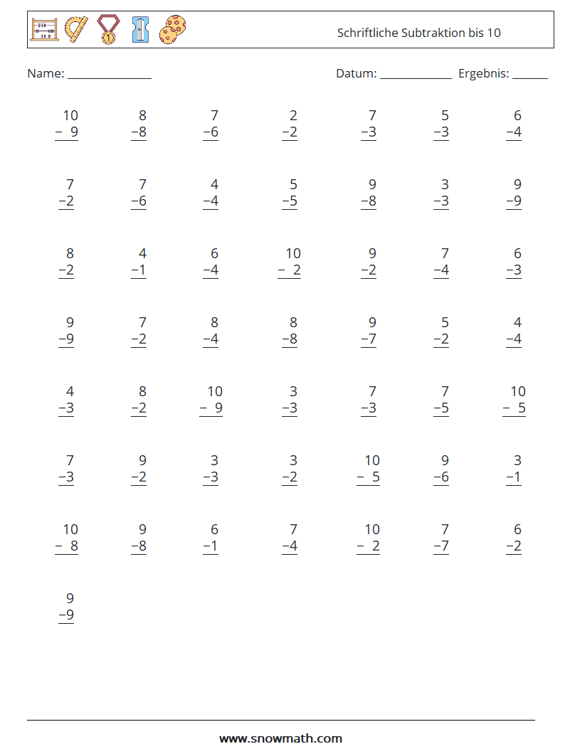 (50) Schriftliche Subtraktion bis 10 Mathe-Arbeitsblätter 7