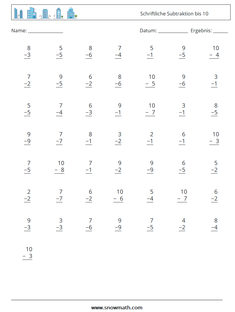 (50) Schriftliche Subtraktion bis 10 Mathe-Arbeitsblätter 8