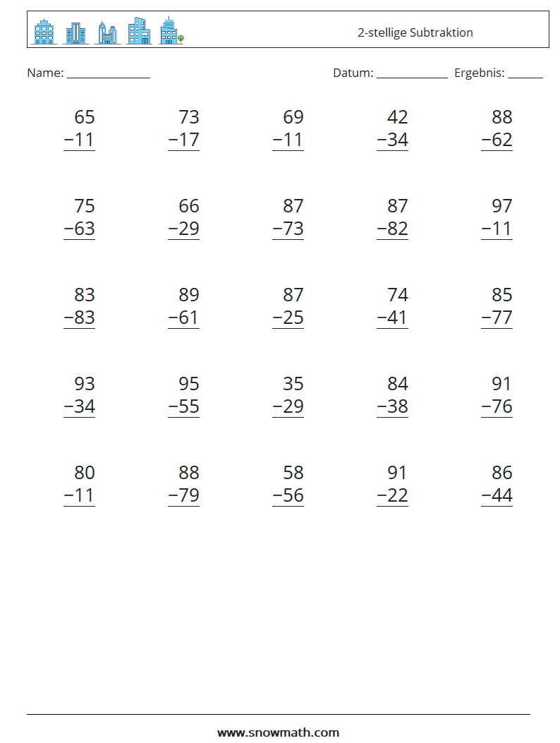 (25) 2-stellige Subtraktion Mathe-Arbeitsblätter 10