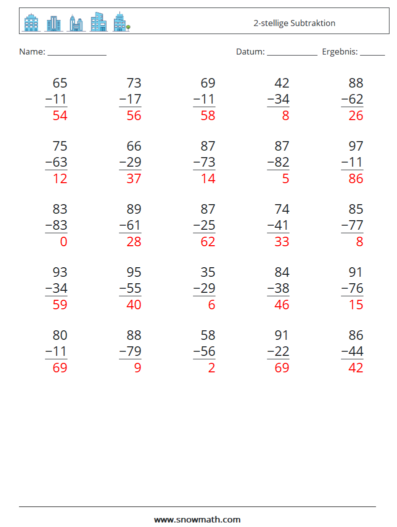 (25) 2-stellige Subtraktion Mathe-Arbeitsblätter 10 Frage, Antwort