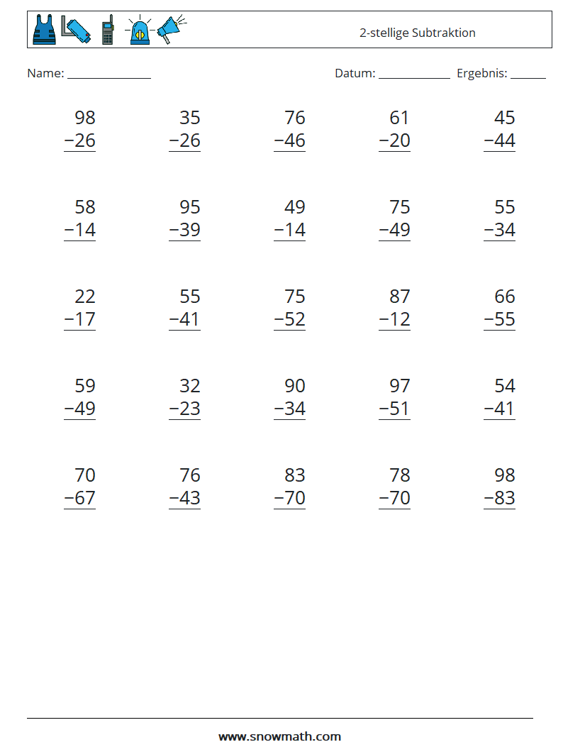 (25) 2-stellige Subtraktion Mathe-Arbeitsblätter 12