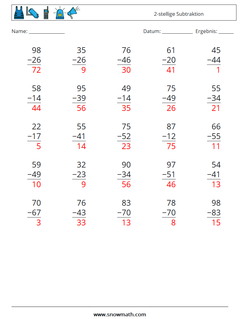 (25) 2-stellige Subtraktion Mathe-Arbeitsblätter 12 Frage, Antwort