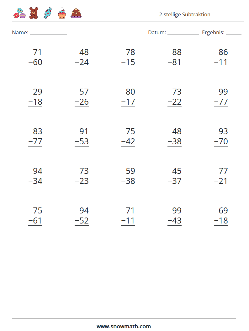 (25) 2-stellige Subtraktion Mathe-Arbeitsblätter 13