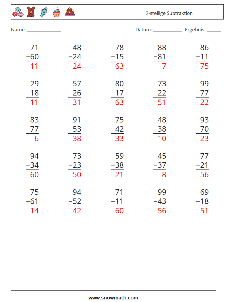 (25) 2-stellige Subtraktion Mathe-Arbeitsblätter 13 Frage, Antwort