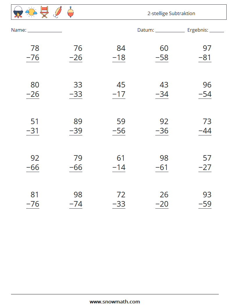 (25) 2-stellige Subtraktion Mathe-Arbeitsblätter 14