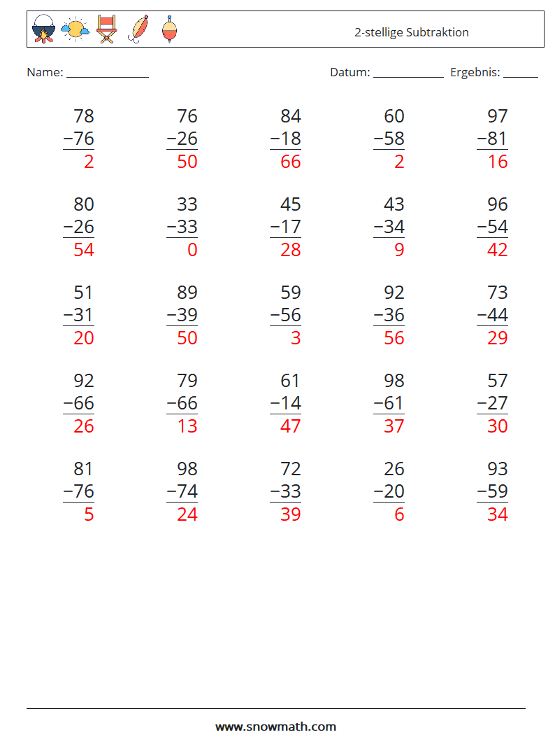 (25) 2-stellige Subtraktion Mathe-Arbeitsblätter 14 Frage, Antwort