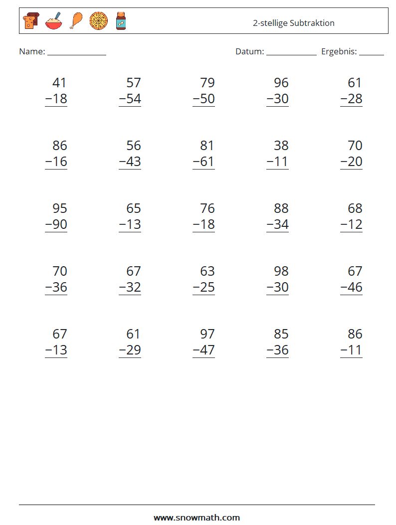 (25) 2-stellige Subtraktion Mathe-Arbeitsblätter 15