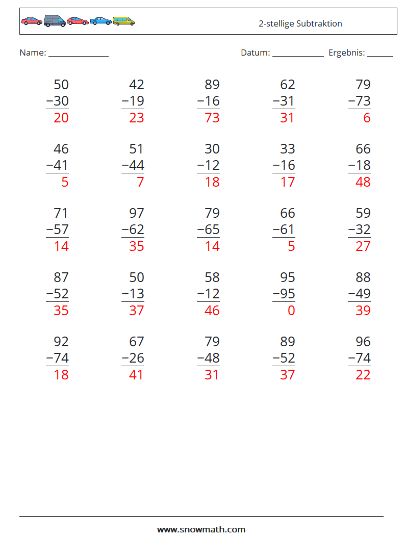 (25) 2-stellige Subtraktion Mathe-Arbeitsblätter 16 Frage, Antwort