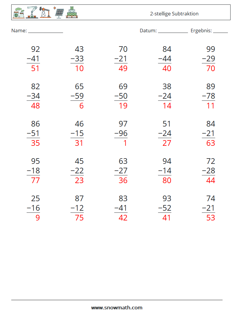 (25) 2-stellige Subtraktion Mathe-Arbeitsblätter 17 Frage, Antwort