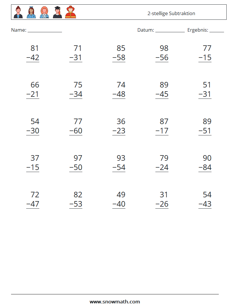 (25) 2-stellige Subtraktion Mathe-Arbeitsblätter 18