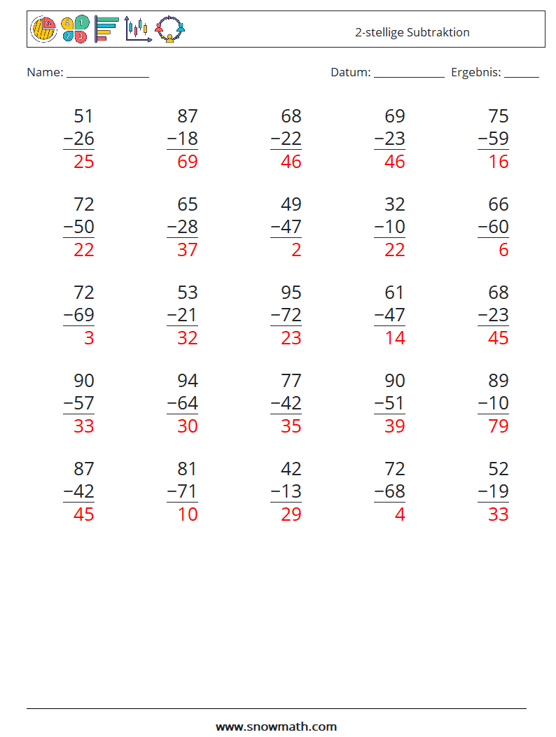 (25) 2-stellige Subtraktion Mathe-Arbeitsblätter 5 Frage, Antwort