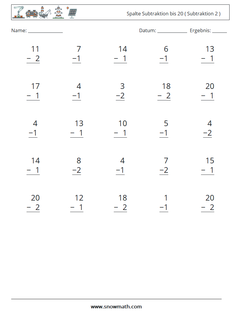 (25) Spalte Subtraktion bis 20 ( Subtraktion 2 ) Mathe-Arbeitsblätter 9