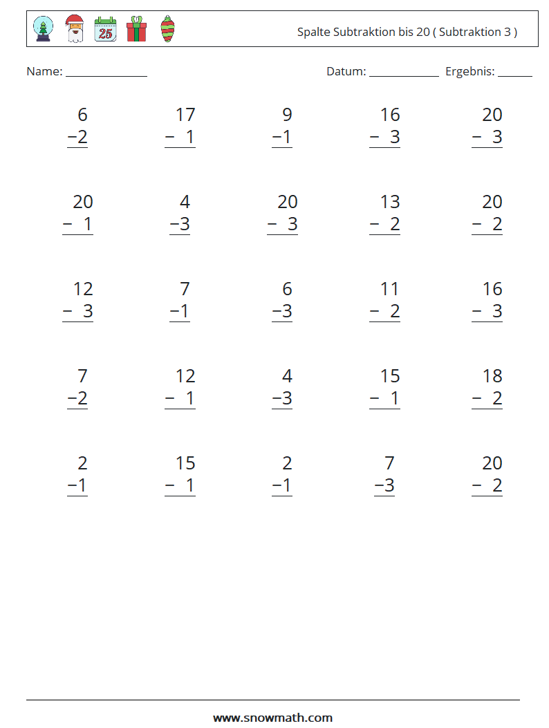 (25) Spalte Subtraktion bis 20 ( Subtraktion 3 )