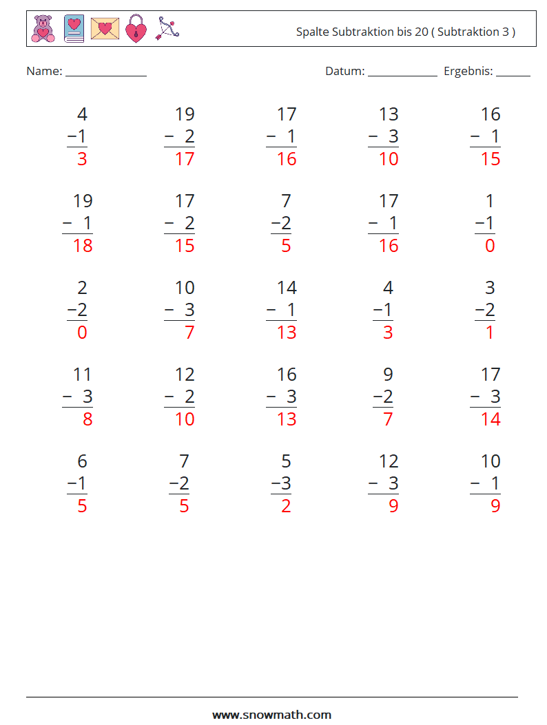 (25) Spalte Subtraktion bis 20 ( Subtraktion 3 ) Mathe-Arbeitsblätter 10 Frage, Antwort