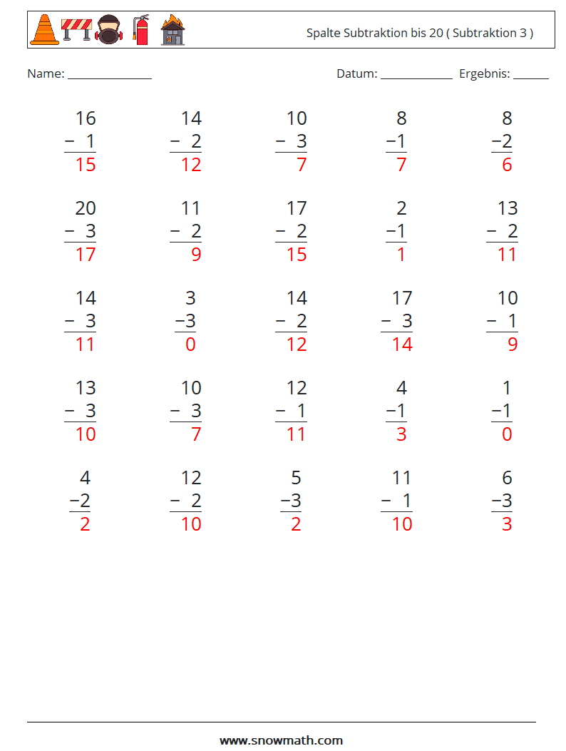 (25) Spalte Subtraktion bis 20 ( Subtraktion 3 ) Mathe-Arbeitsblätter 12 Frage, Antwort