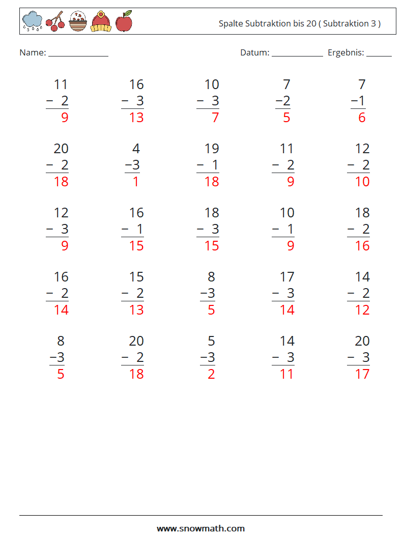 (25) Spalte Subtraktion bis 20 ( Subtraktion 3 ) Mathe-Arbeitsblätter 13 Frage, Antwort