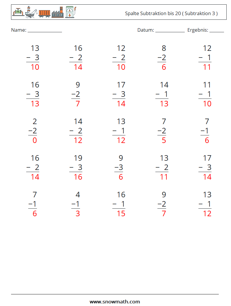 (25) Spalte Subtraktion bis 20 ( Subtraktion 3 ) Mathe-Arbeitsblätter 14 Frage, Antwort