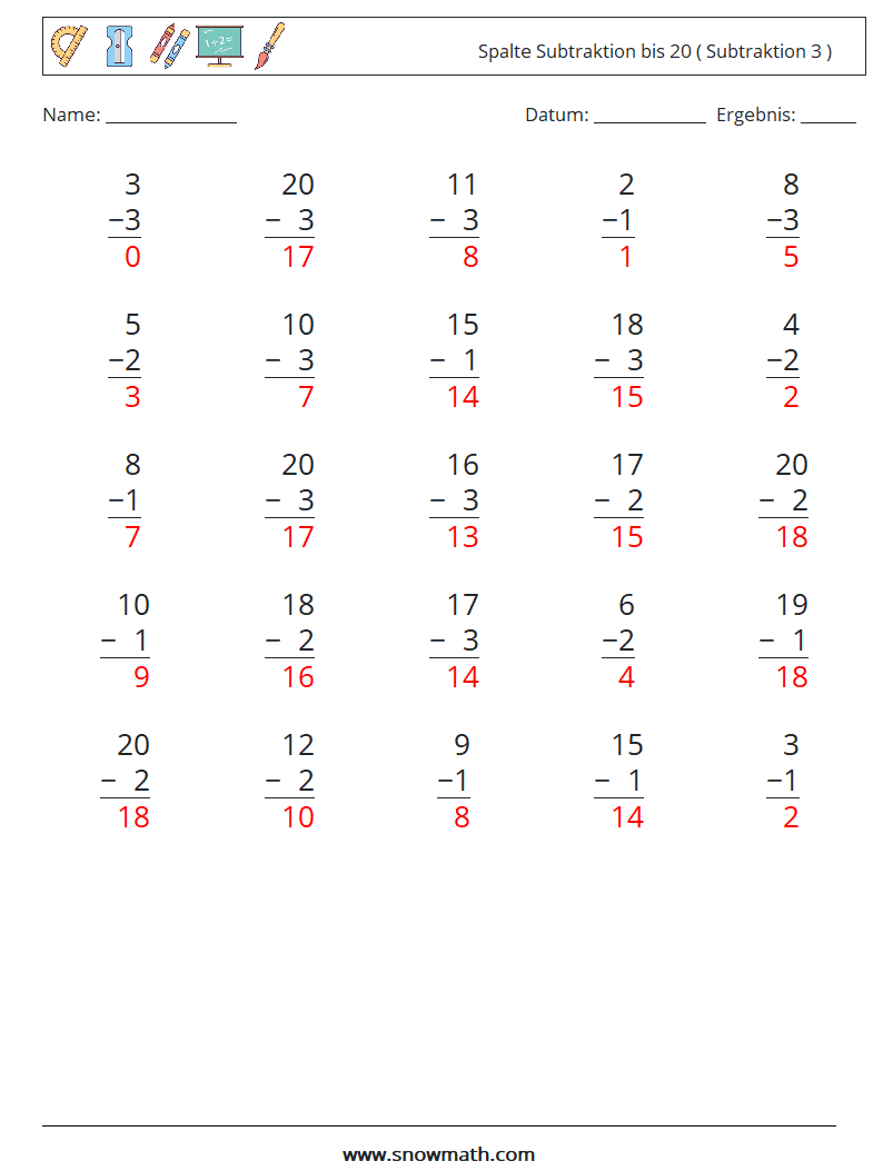 (25) Spalte Subtraktion bis 20 ( Subtraktion 3 ) Mathe-Arbeitsblätter 16 Frage, Antwort